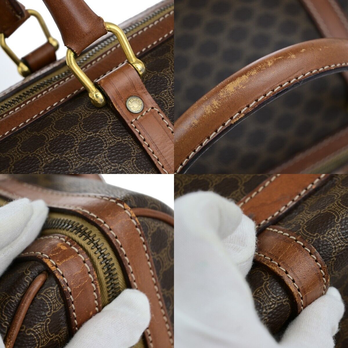 CELINE Macadam Pattern Travel Hand Bag PVC Leather Brown Gold Italy 05ED370