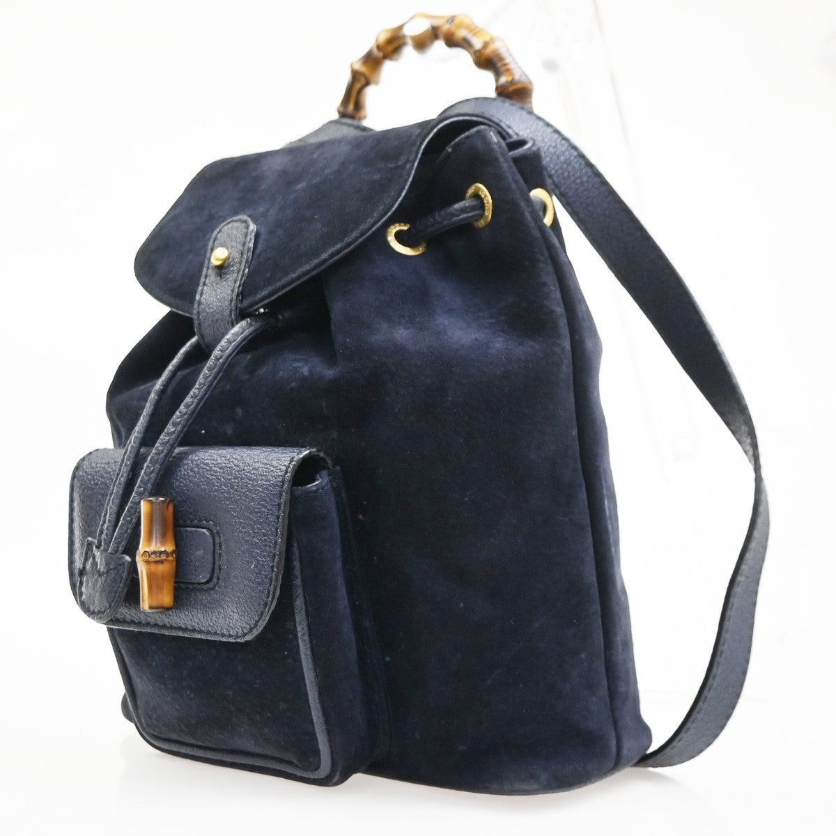 GUCCI Bamboo Logo 2way Back Pack Bag Suede Leather Navy Blue GHW Italy 38MA494