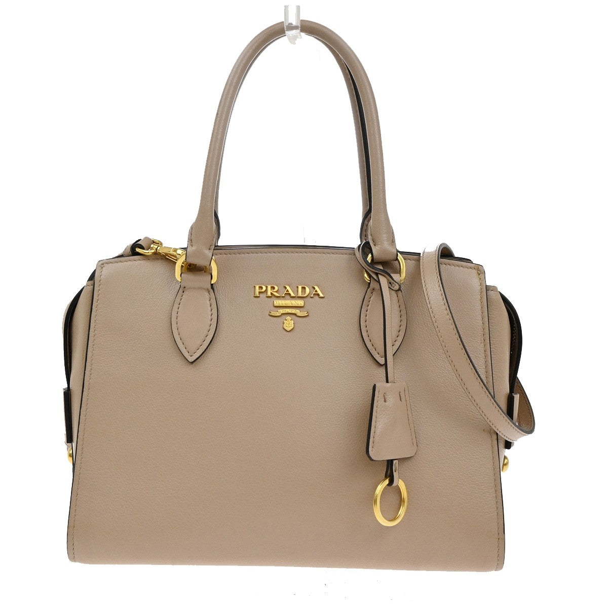 PRADA Logo 2Way Shoulder Hand Bag Leather Charm Beige GHW 636KB360