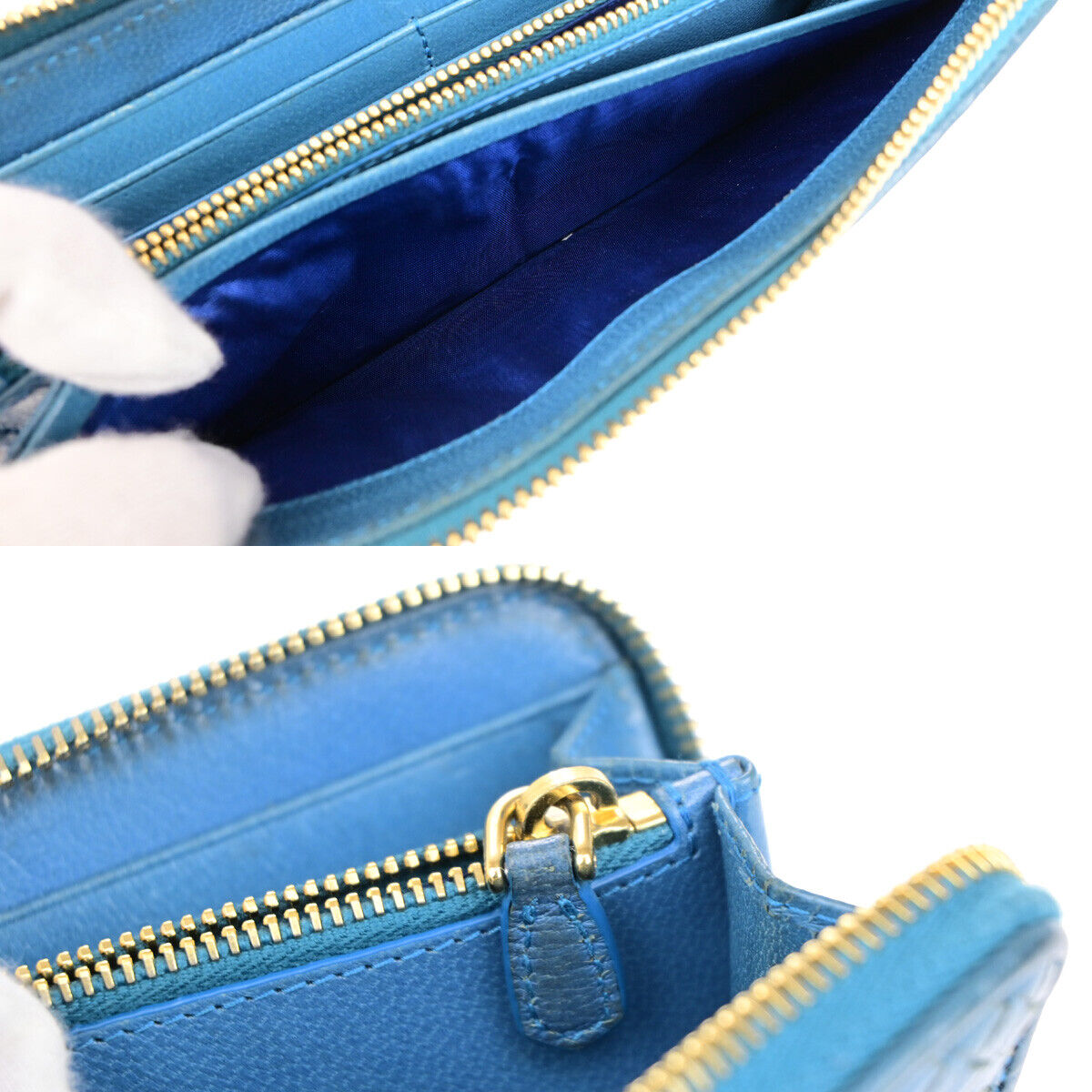 PRADA Logo Madras Long Zipper Long Wallet Pursr Blue GHW Voyage 09YG620
