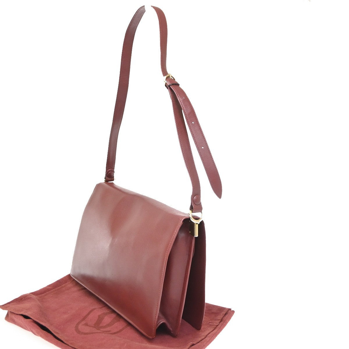 MUST DE CARTIER 2C Logo Flap Shoulder Bag Leather Bordeaux Red GHW Italy 66ZA041