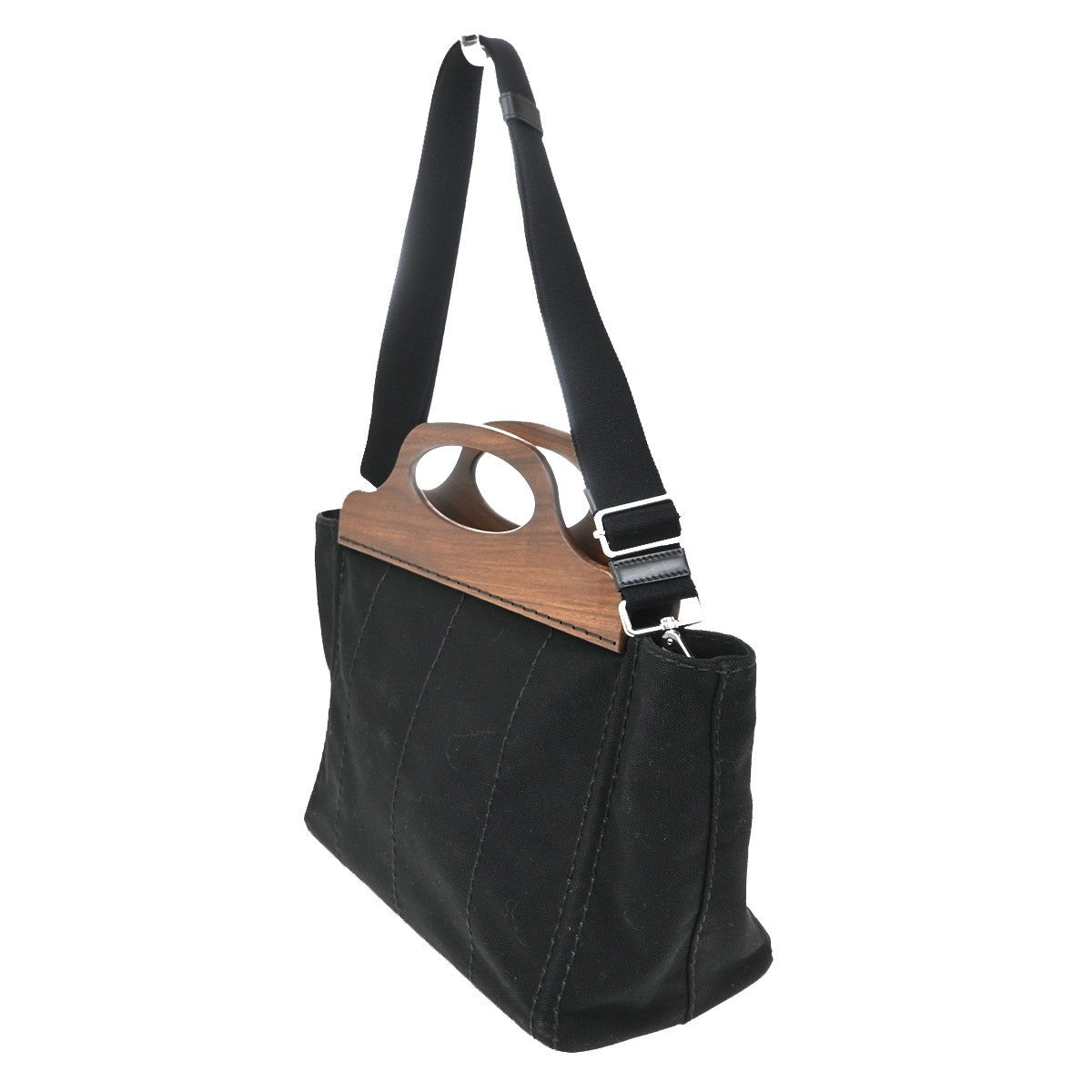 PRADA Milano Logo CANAPA 2Way Tote Hand Bag Canvas Wood Black Italy 50RL769