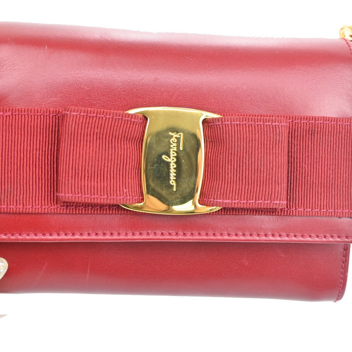 SALVATORE FERRAGAMO Vara 2Way Chain Mini Shoulder Clutch Bag Leather Red 31EE972
