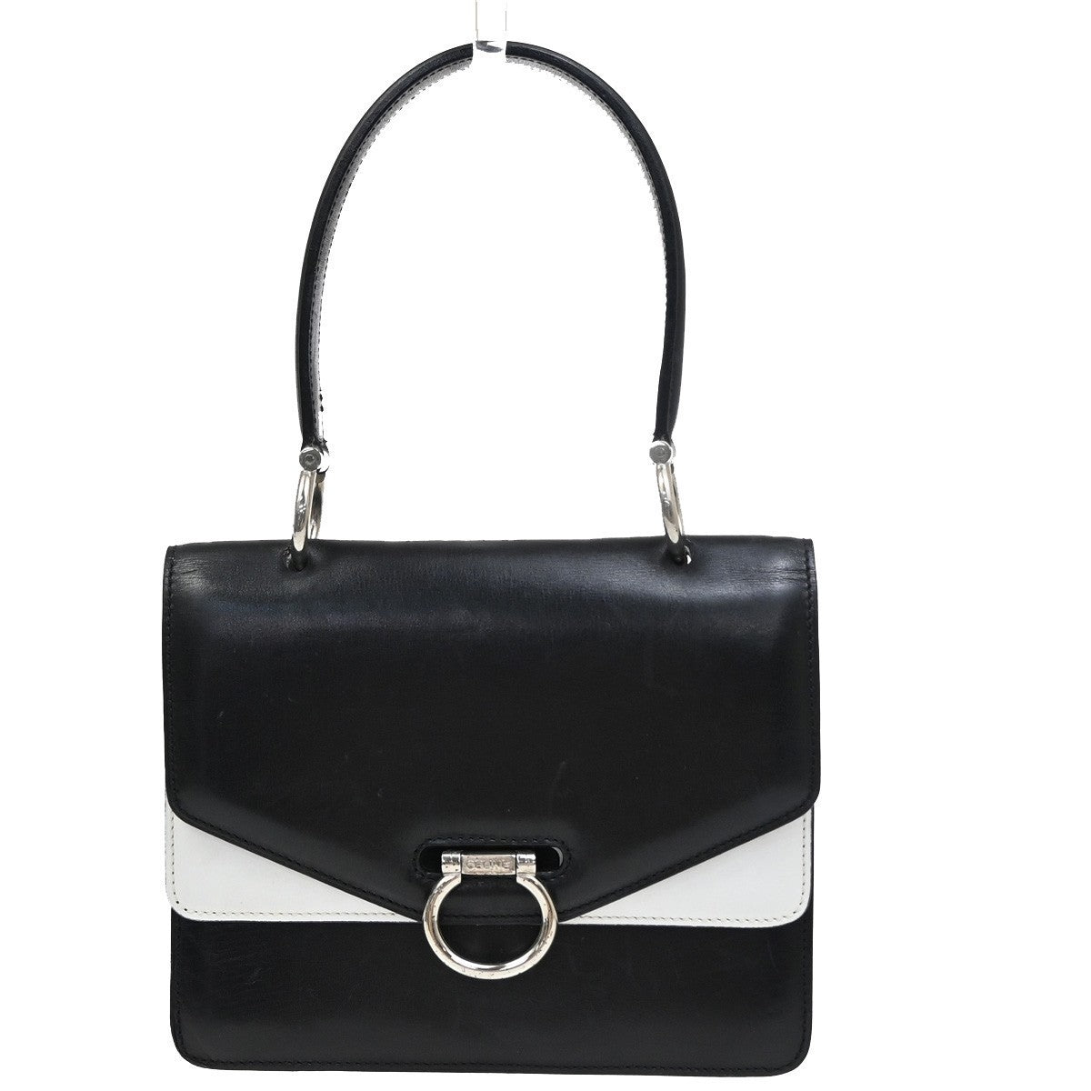 CELINE Logo Bicolor Double Flap Hand Bag Leather Black White Italy 80EG224