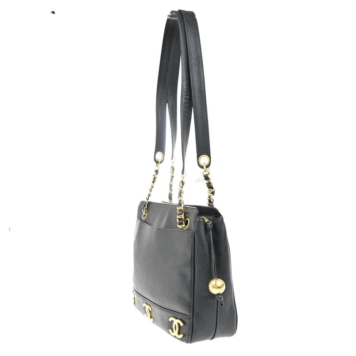 CHANEL Logo Shoulder Hand Bag Grained Calfskin Leather Black GHW Italy 373RL789