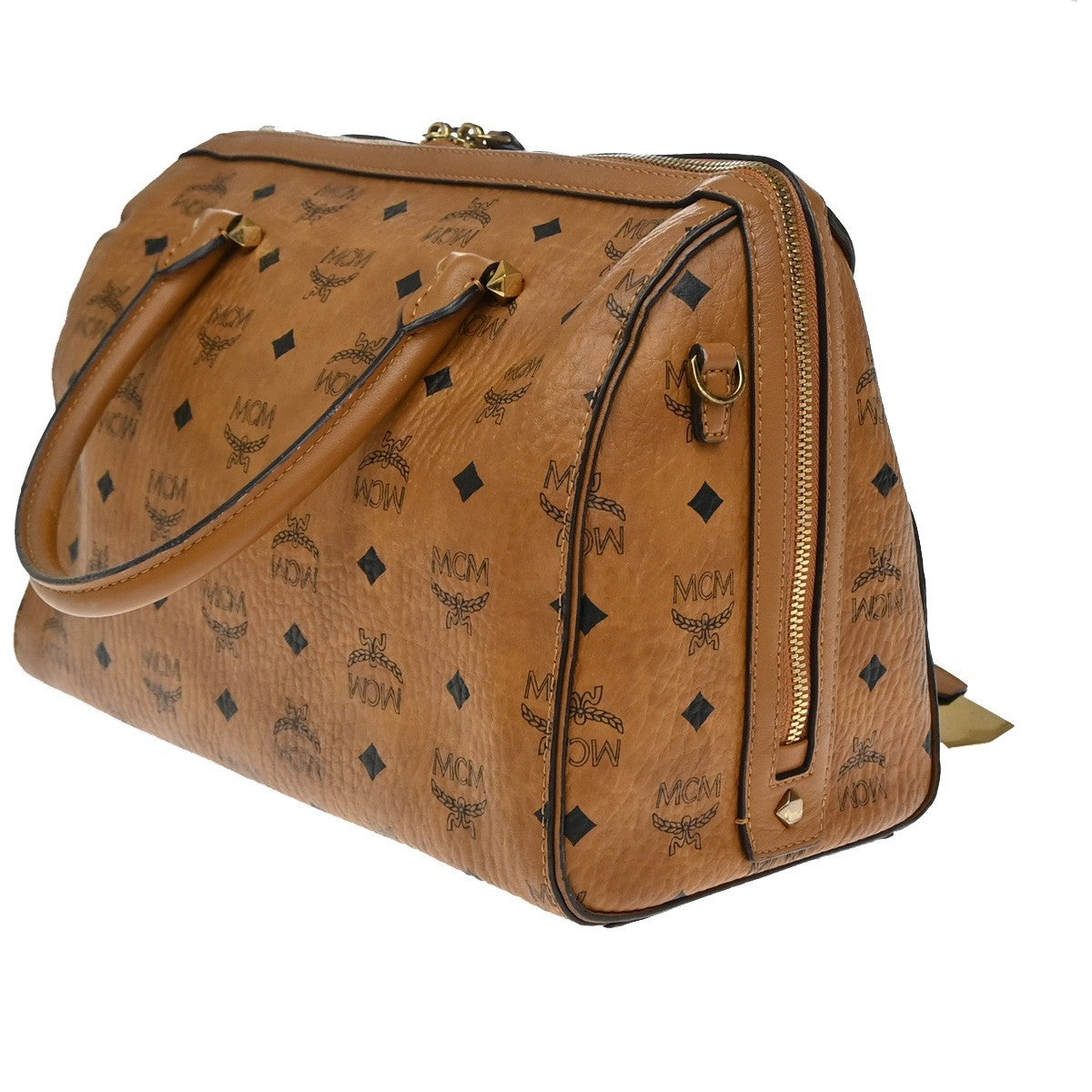 MCM Logo Travel Hand Bag Leather Brown Gold Plated 61EG132