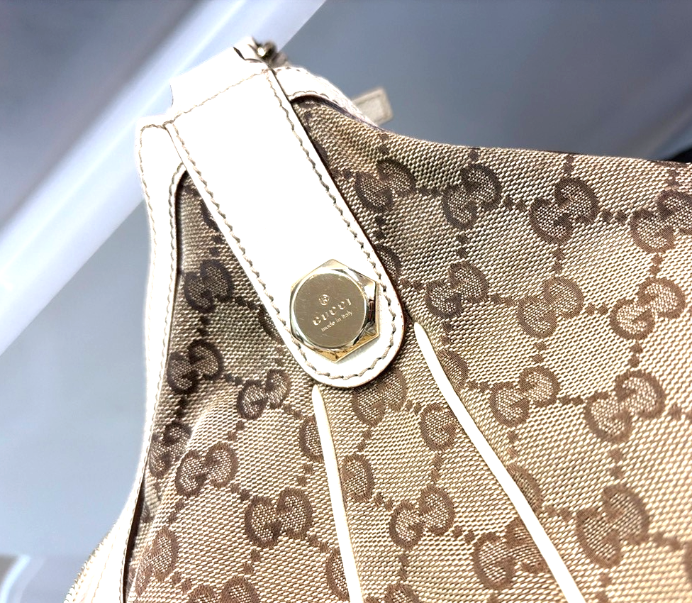 GUCCI Logo GG Pattern Shoulder Hobo Bag Canvas Leather Brown GHW Italy 87YJ265