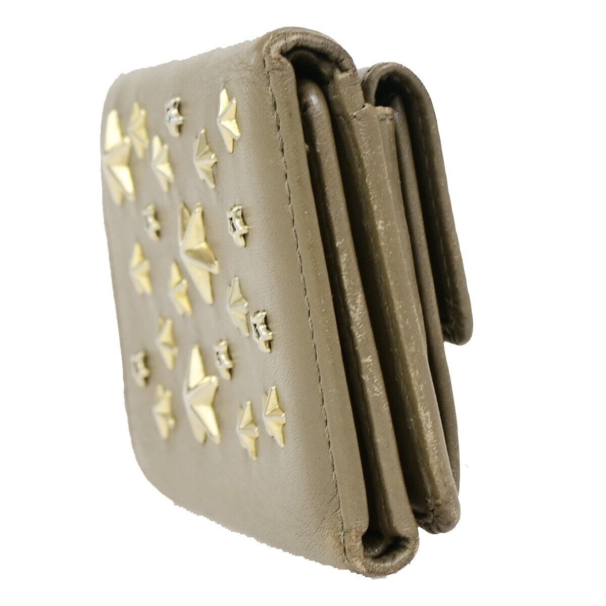 JIMMY CHOO Logo Star Studs Mini Trifold Wallet Purse Leather Brown Italy 09KA404