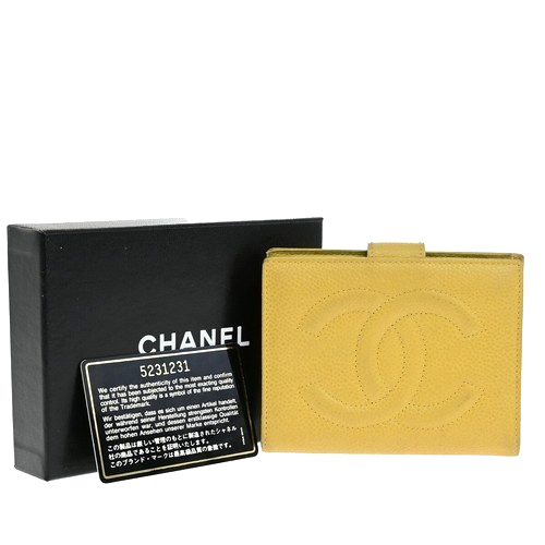CHANEL CC Bifold Compact Wallet Grained Calfskin Leather Yellow Vintage 66KB511