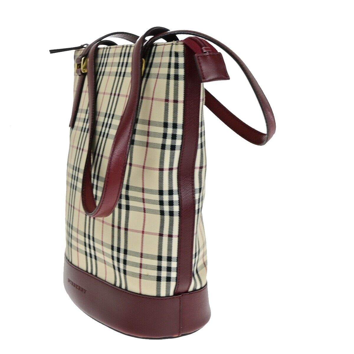 BURBERRY Logo Nova Check Shoulder Bag Canvas Leather Beige Bordeaux 60KA218