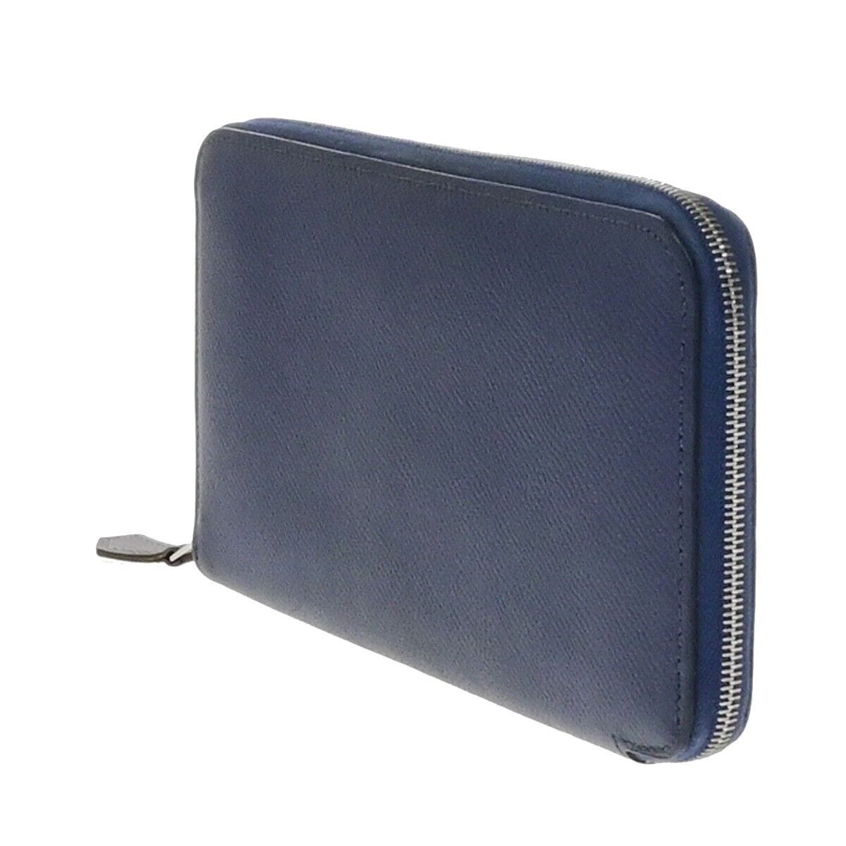 HERMES Logo Azap Zip Around Long Wallet Silk Epsom Leather Navy Blue SHW 37ED890