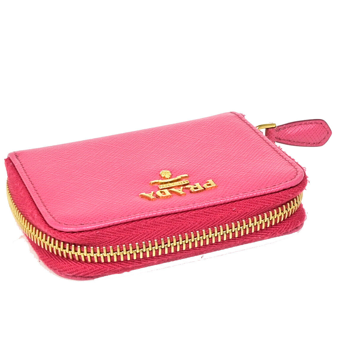 PRADA Logo Saffiano Mini Zipper Around Wallet Leather Pink GHW Italy 38YE697