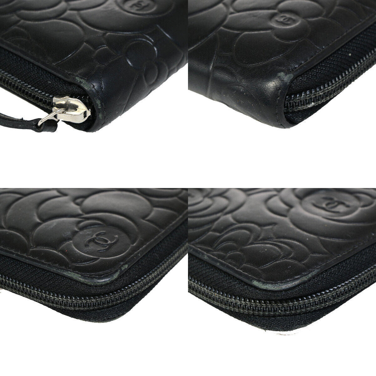 CHANEL CC Logo Camellia Pattern Zip Around Long Wallet Leather Black 30EB556