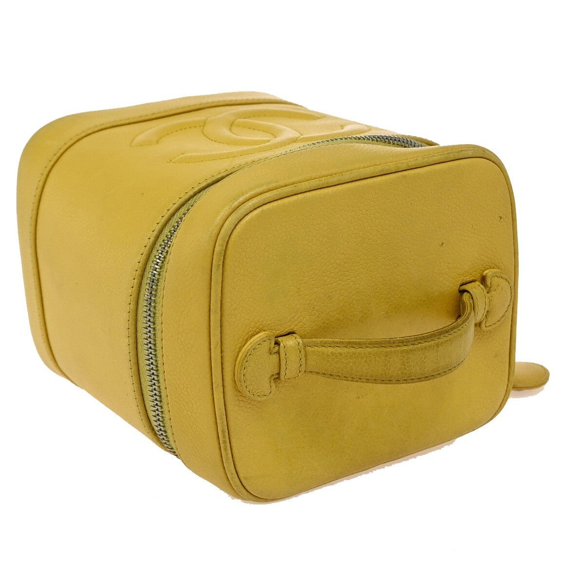 CHANEL Vanity Cosmetic Hand Bag Grained Calfskin Leather Yellow Vintage 93RF437
