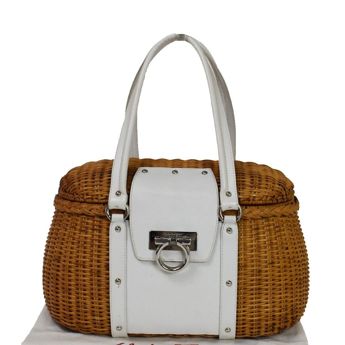 SALVATORE FERRAGAMO Basket Gancini Shoulder Bag Straw Leather Brown WE 88RH761