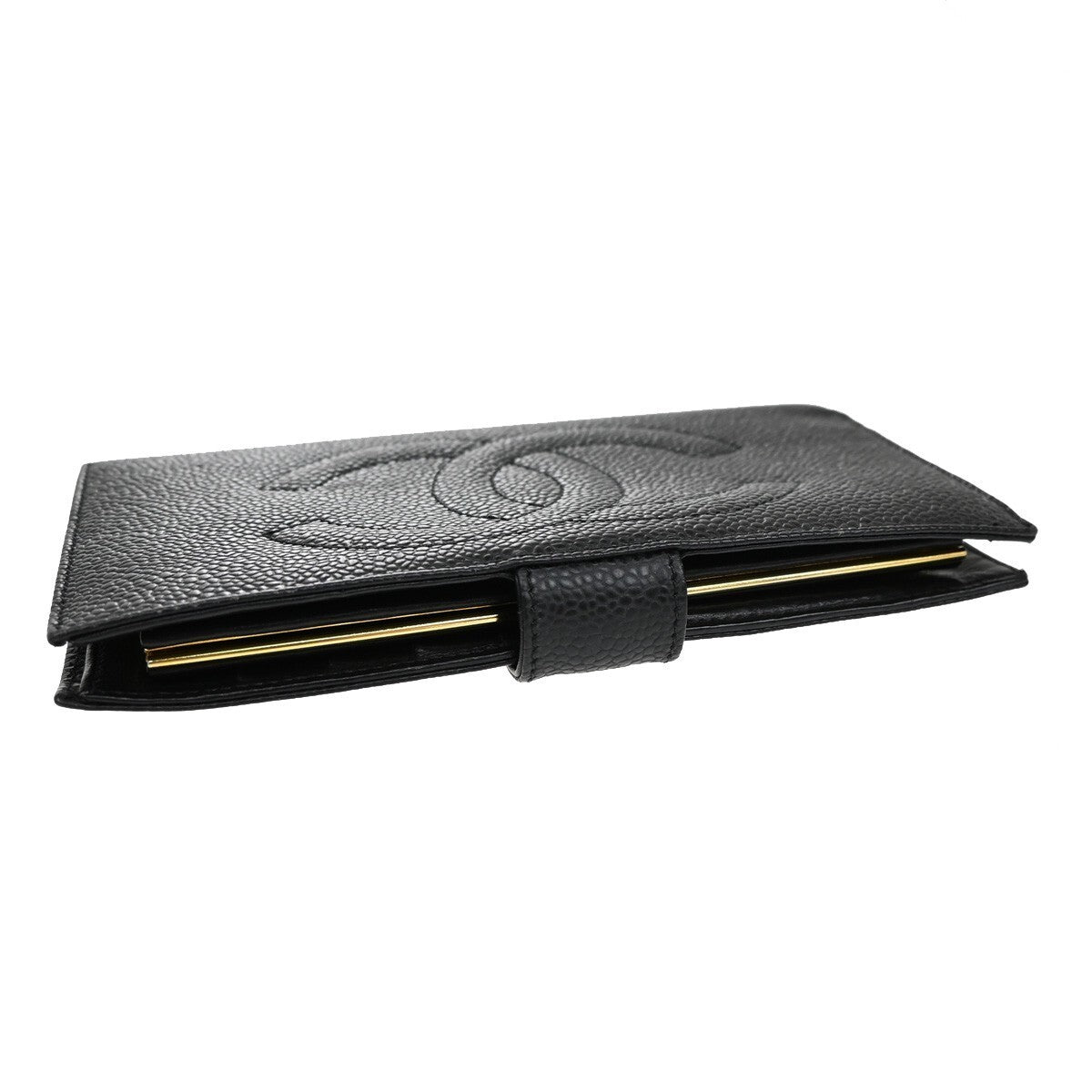 CHANEL CC LOGO Long Bifold Wallet Grained Calfskin Leather Black France 77RL156