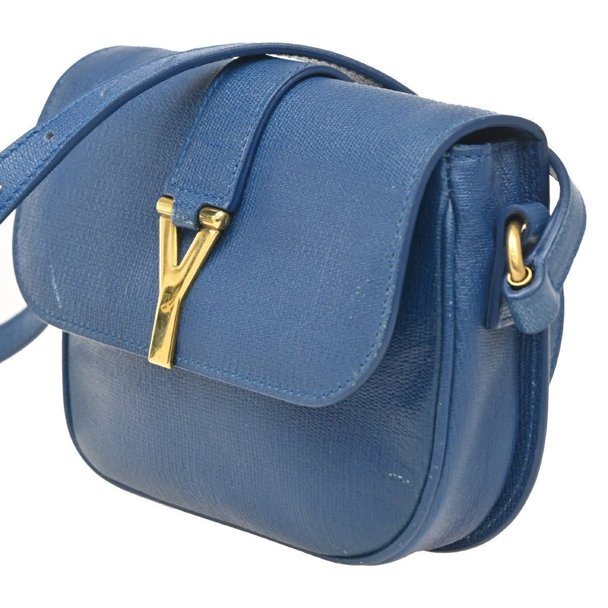 YVES SAINT LAURENT YSL Textured Shoulder Bag Calfskin Leather Navy Blue 69CA594