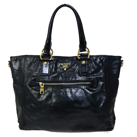 PRADA MILANO Logo Shoulder Tote Bag Leather Black Gold-plated 70HB962