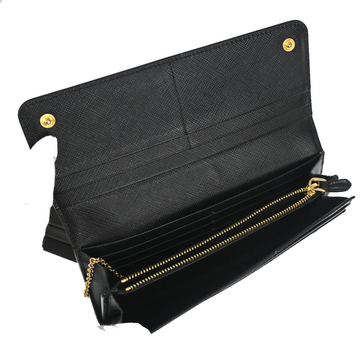PRADA Logo Long Bifold Wallet Saffiano Leather Black Nero Gold Italy 70RH734
