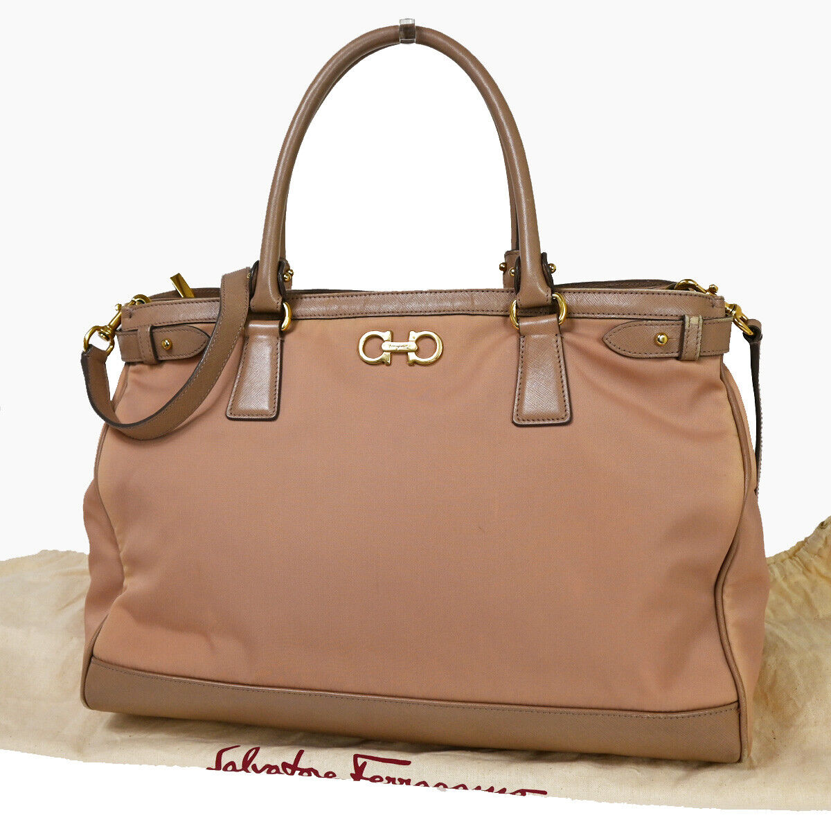 SALVATORE FERRAGAMO Gancini 2way Shoulder Bag Nylon Leather Pink Beige 66YE151