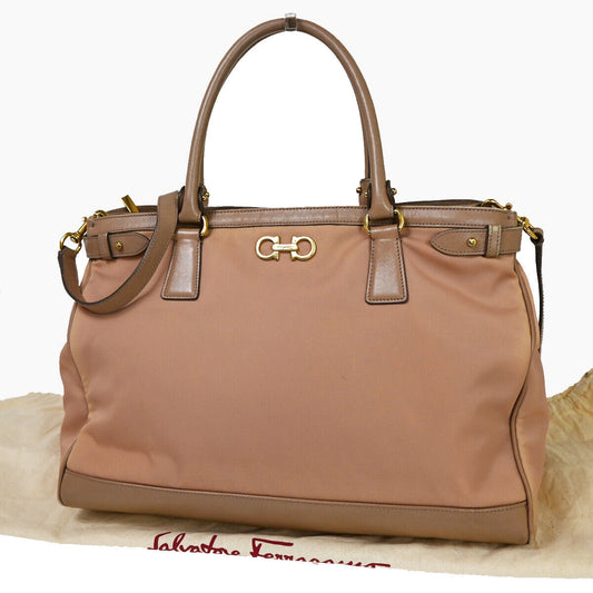 SALVATORE FERRAGAMO Gancini 2way Shoulder Bag Nylon Leather Pink Beige 66YE151