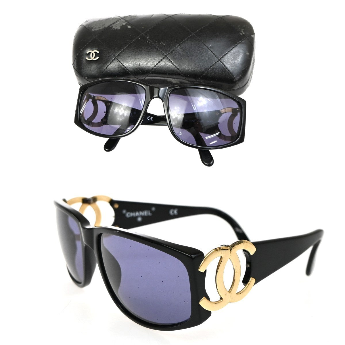 CHANEL CC Logo Sunglasses Eye Wear Plastic Black Gold Italy 02461 66RL540