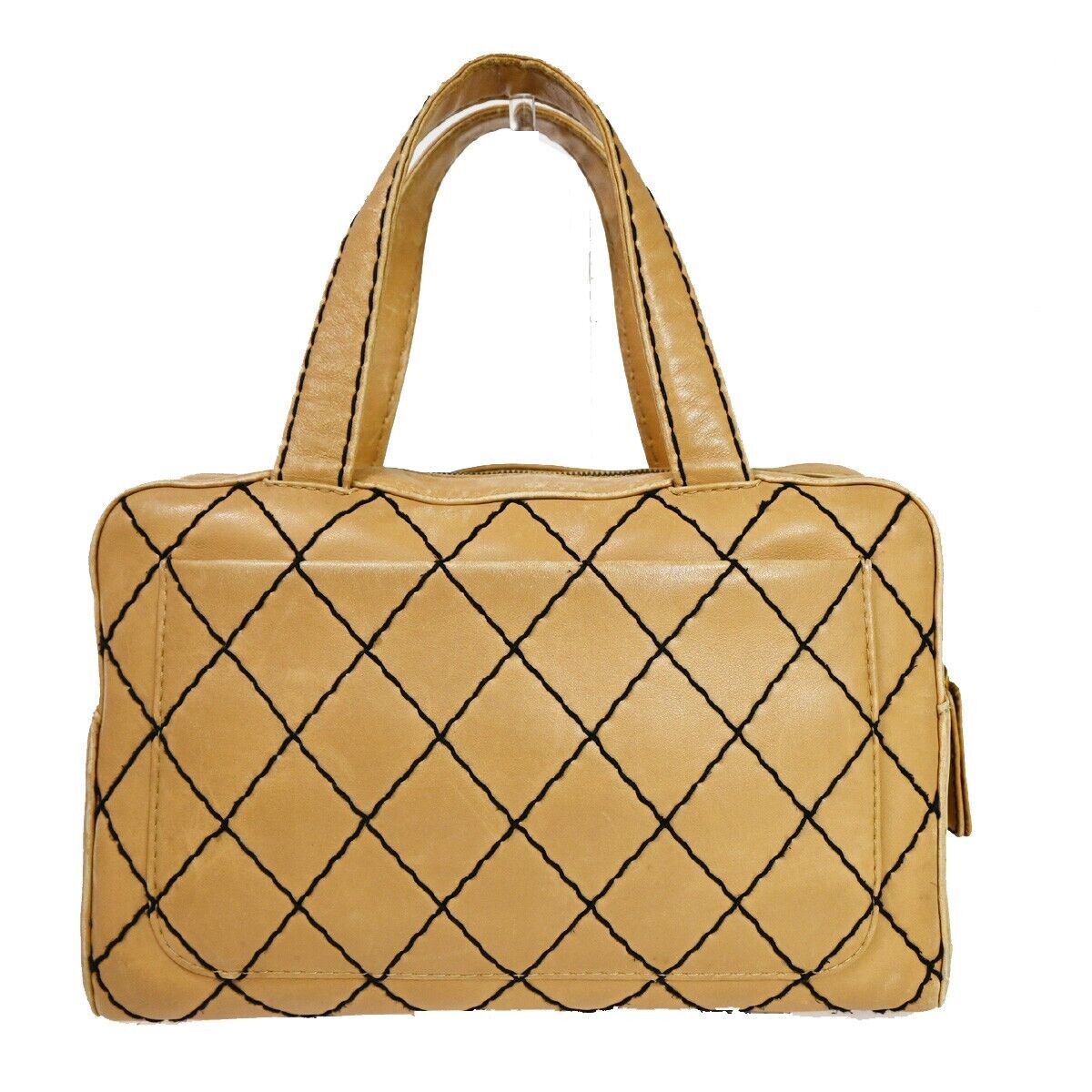 CHANEL CC Logo Wild Stitch Hand Tote Bag Leather Beige Black Italy 11SH052