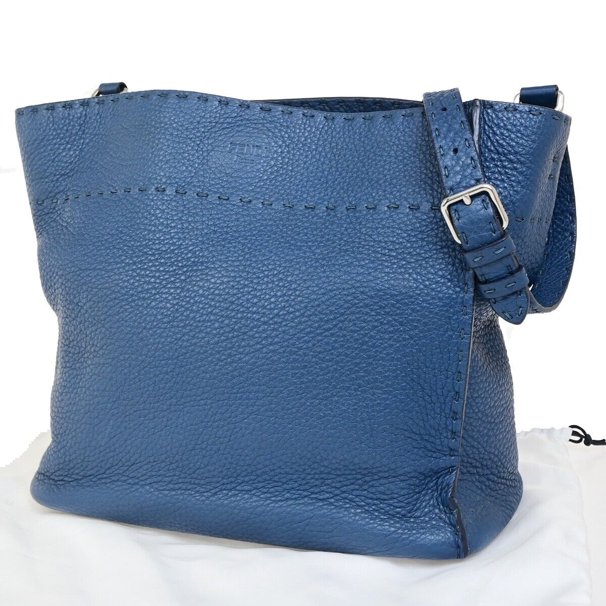 FENDI Logo Anna Selleria Bucket Shoulder Bag Leather Blue Italy 83FB186