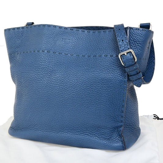 FENDI Logo Anna Selleria Bucket Shoulder Bag Leather Blue Italy 83FB186