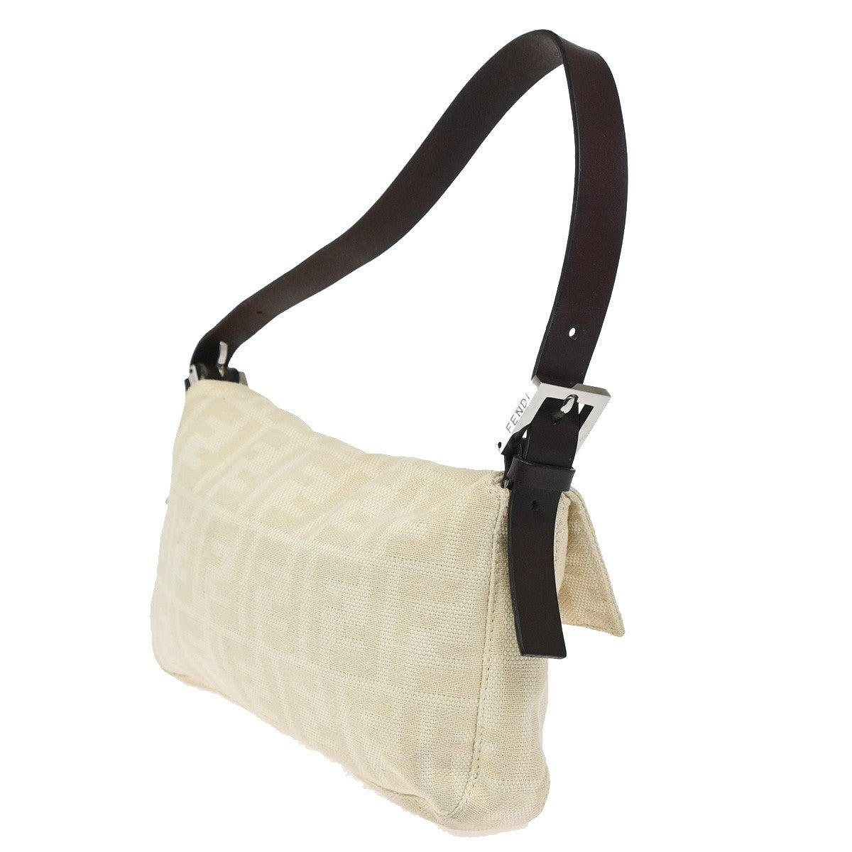 FENDI Mamma Baguette Zucca Shoulder Bag Canvas Leather White SHW Italy 98ZA279