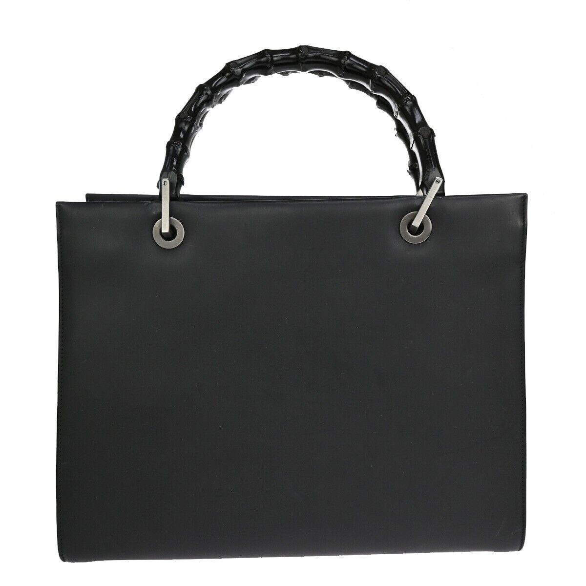 GUCCI Logo Bamboo Hand Bag Leather Black Silver-Plated Made In Italy 67EA504