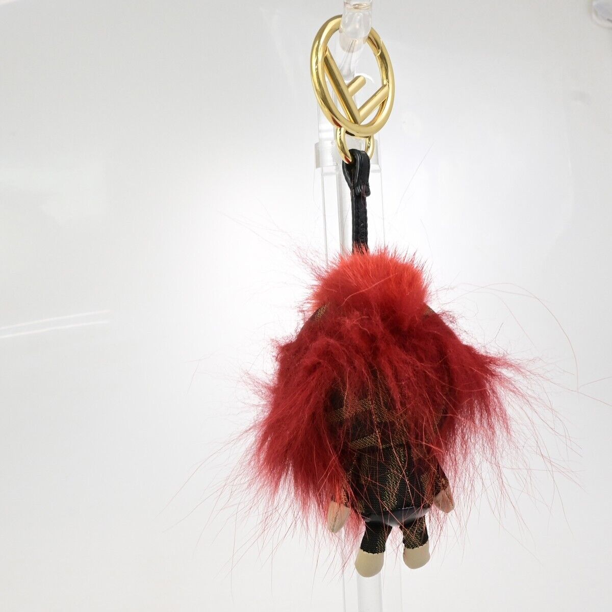 FENDI Logo Zucca Pattern Monster Bag Charm Key Ring Metal Fur Canvas Red 69KA428