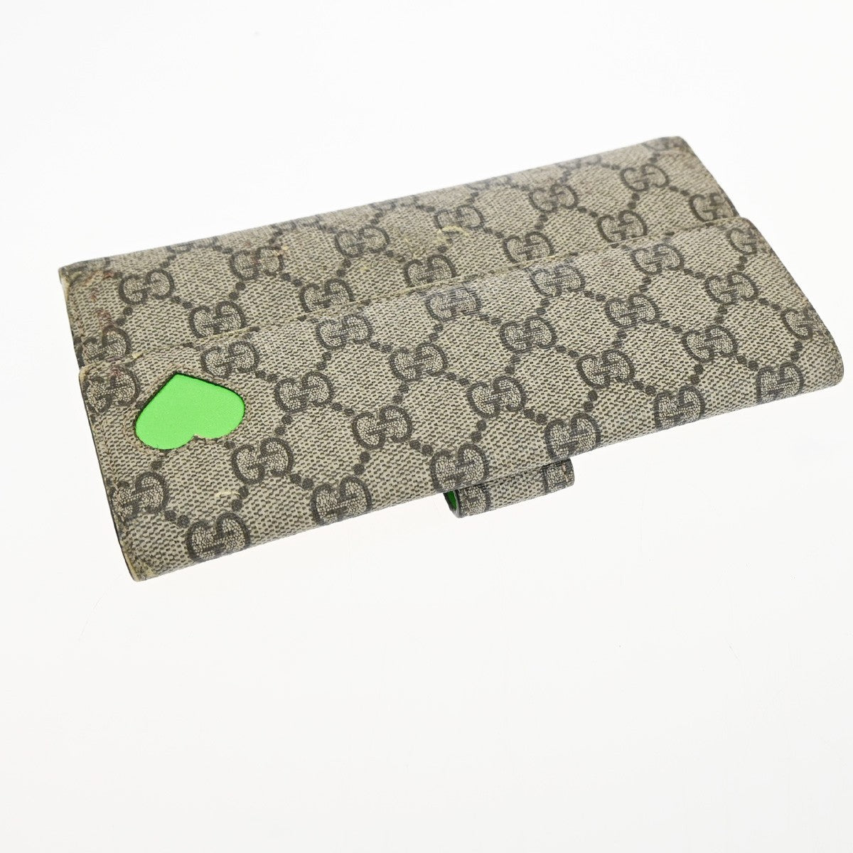 GUCCI GG heart Bifold Long Wallet Supreme Leather Green Beige GHW 01KC911