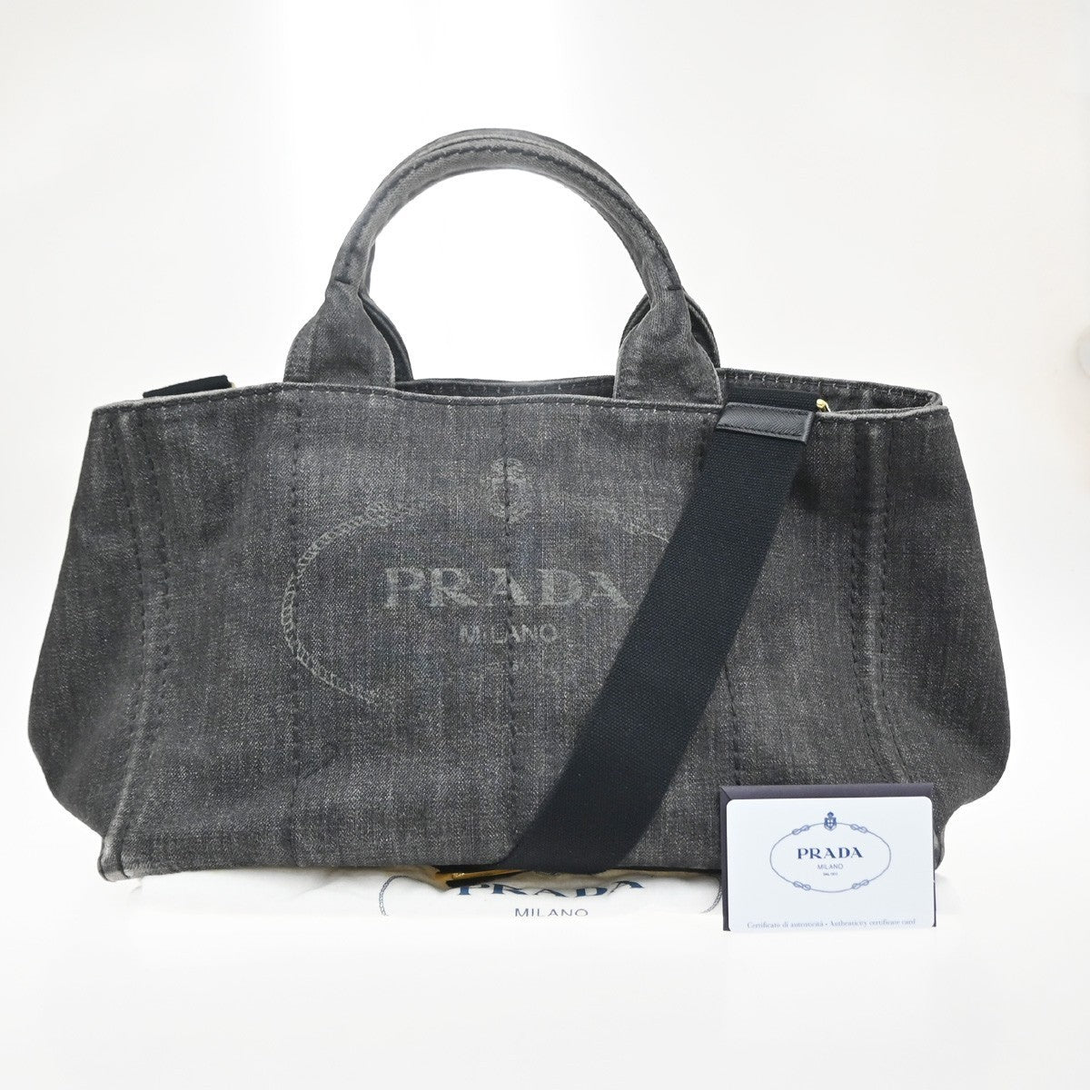 PRADA Logo Canapa 2way Shoulder Hand Bag Canvas Leather Black GHW 30MA676