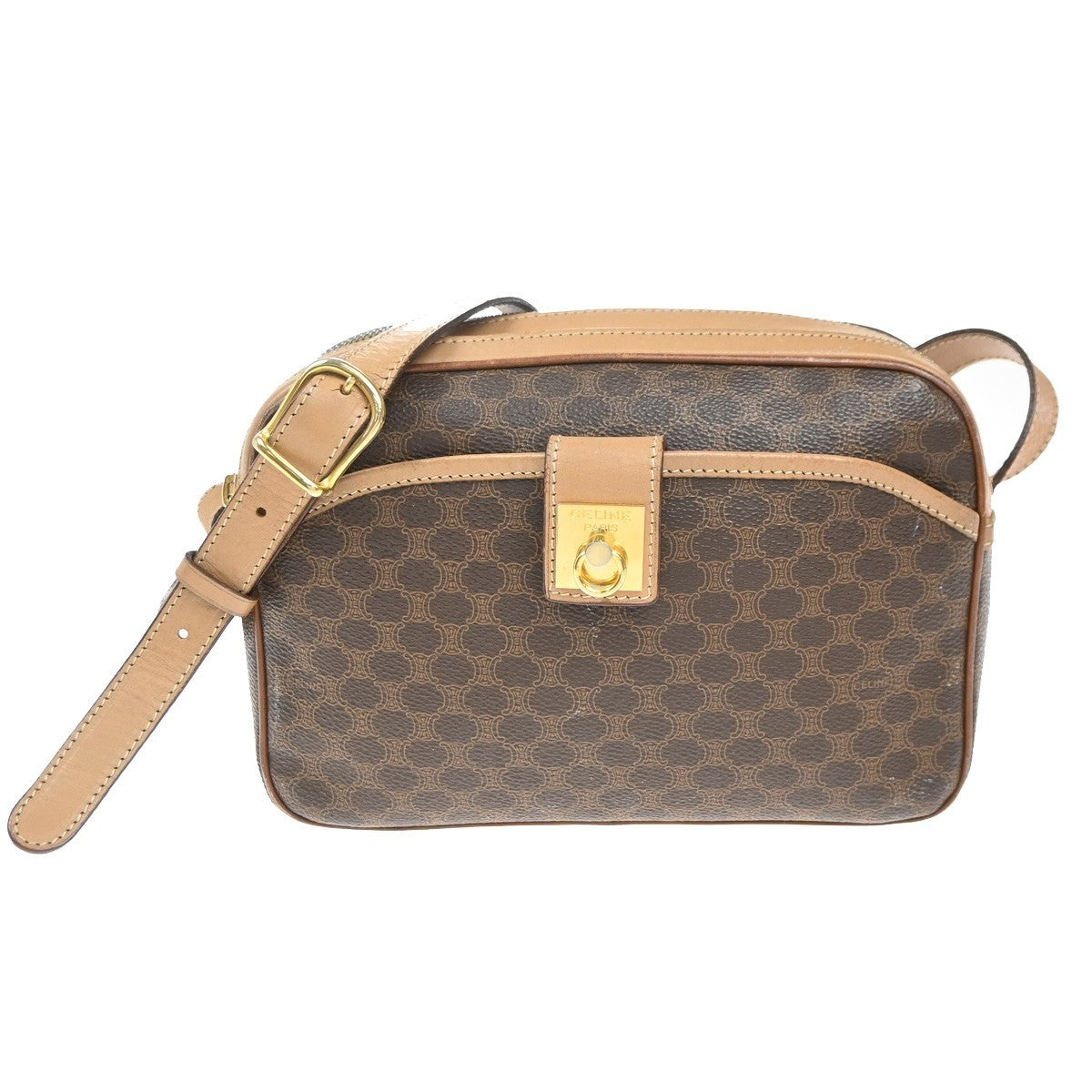 CELINE Logo Macadam Pattern Shoulder Bag PVC Leather Brown Italy GHW 31MA302