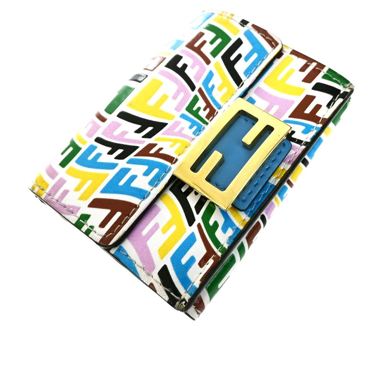 FENDI Logo FF Vertigo Baguette Trifold Compact Wallet Leather Multicolor 61YJ250