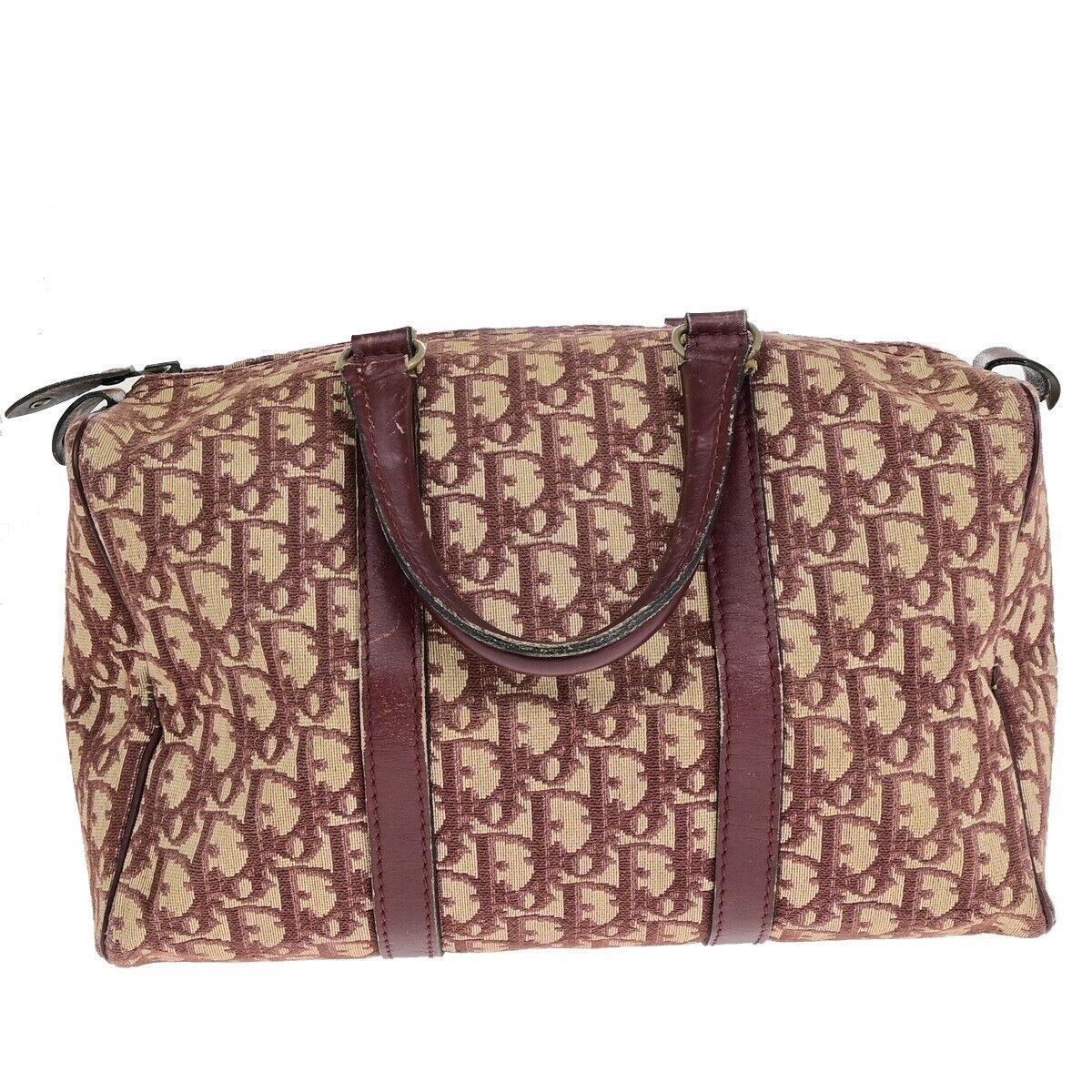 CHRISTIAN DIOR Logo Trotter Pattern Hand Bag Canvas Leather Bordeaux GHW 31EB476