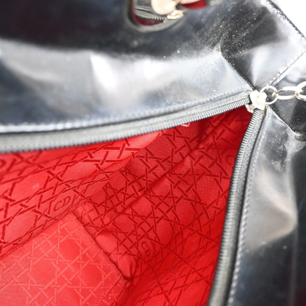 CHRISTIAN DIOR Lady Tote Hand Bag Patent Leather Black Silver Italy 12SH744