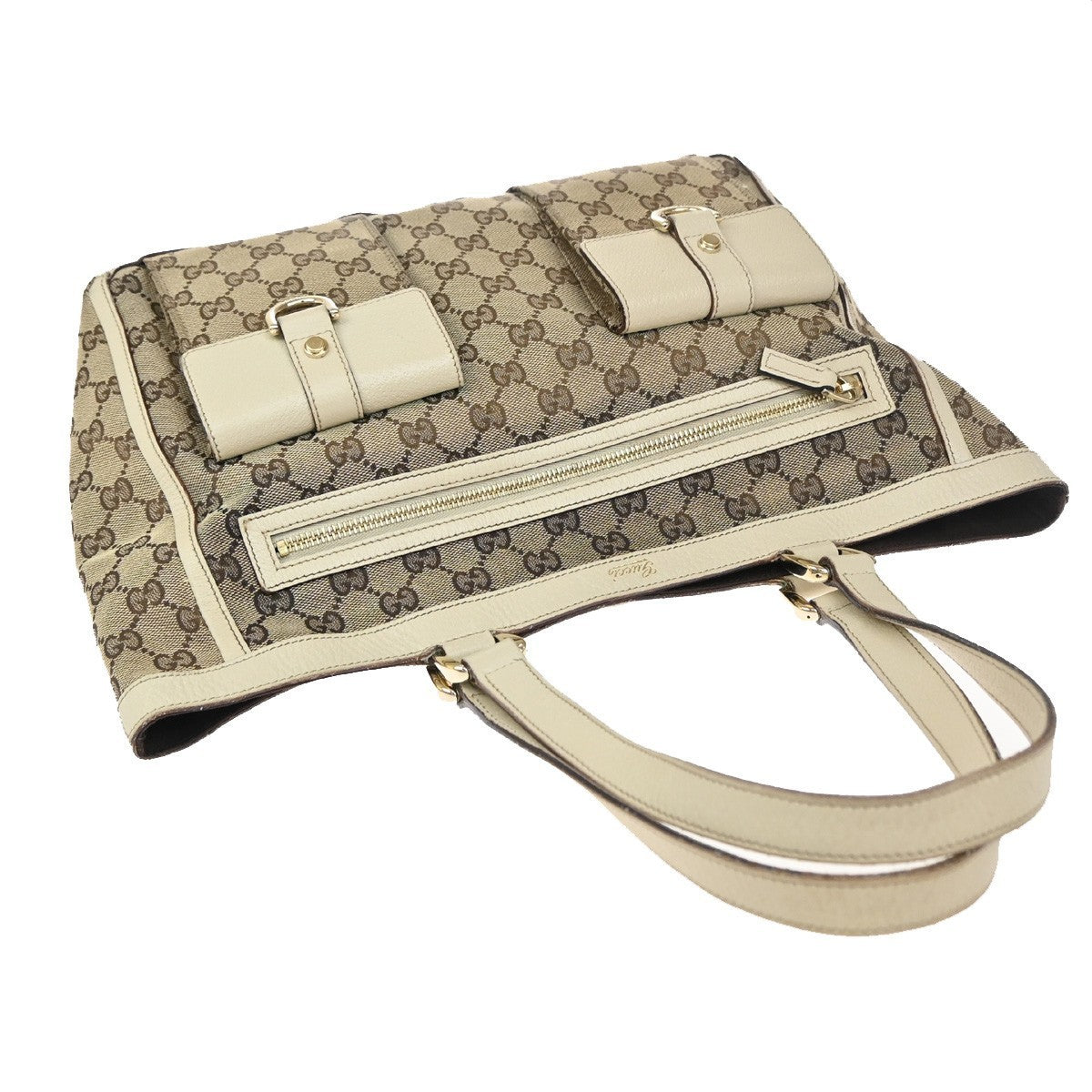 GUCCI Logo GG pattern Shoulder Tote Bag Canvas Leather Brown White Italy 85KP250
