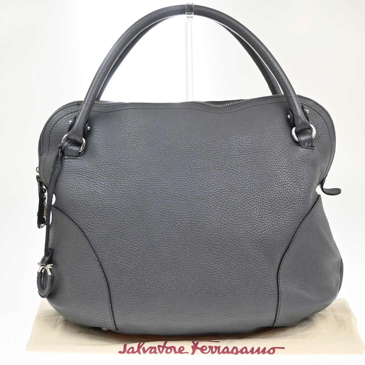 SALVATORE FERRAGAMO Logo Gancini Shoulder Hand Bag Leather Gray Italy 67KD031