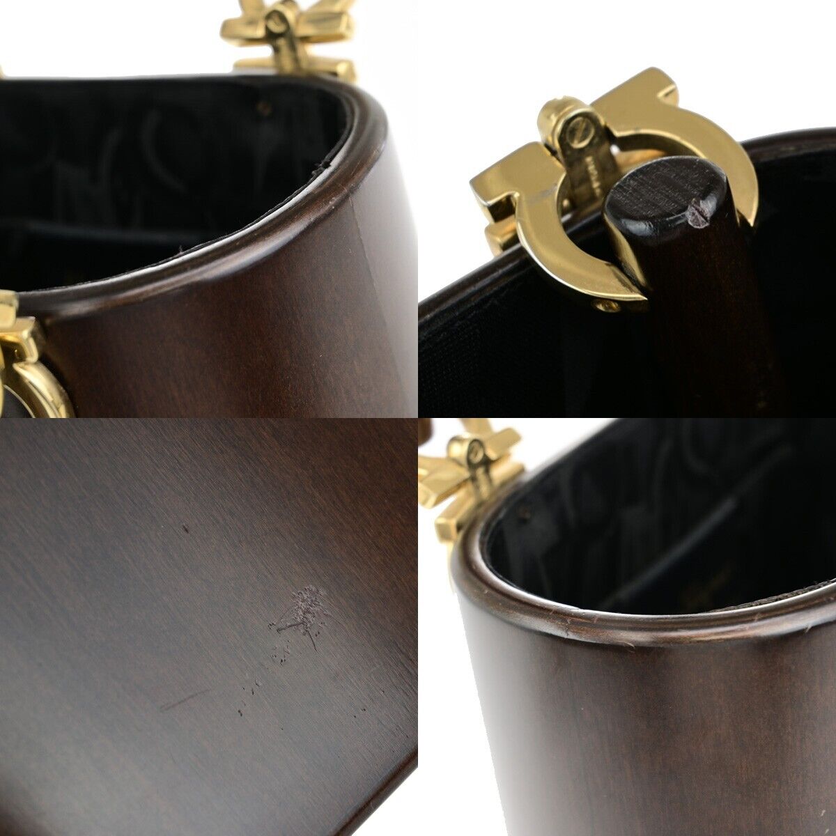 SALVATORE FERRAGAMO Logo Gancini Bucket Hand Bag Wood Leather Brown GHW 91EC722