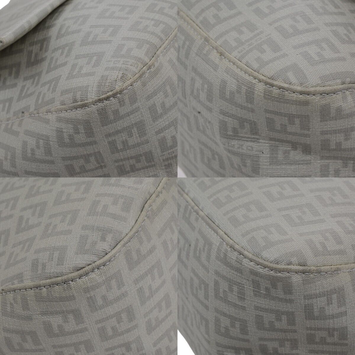 FENDI Logo Mamma Zucchino Pattern Chain Shoulder Bag PVC White Silver 18KA550