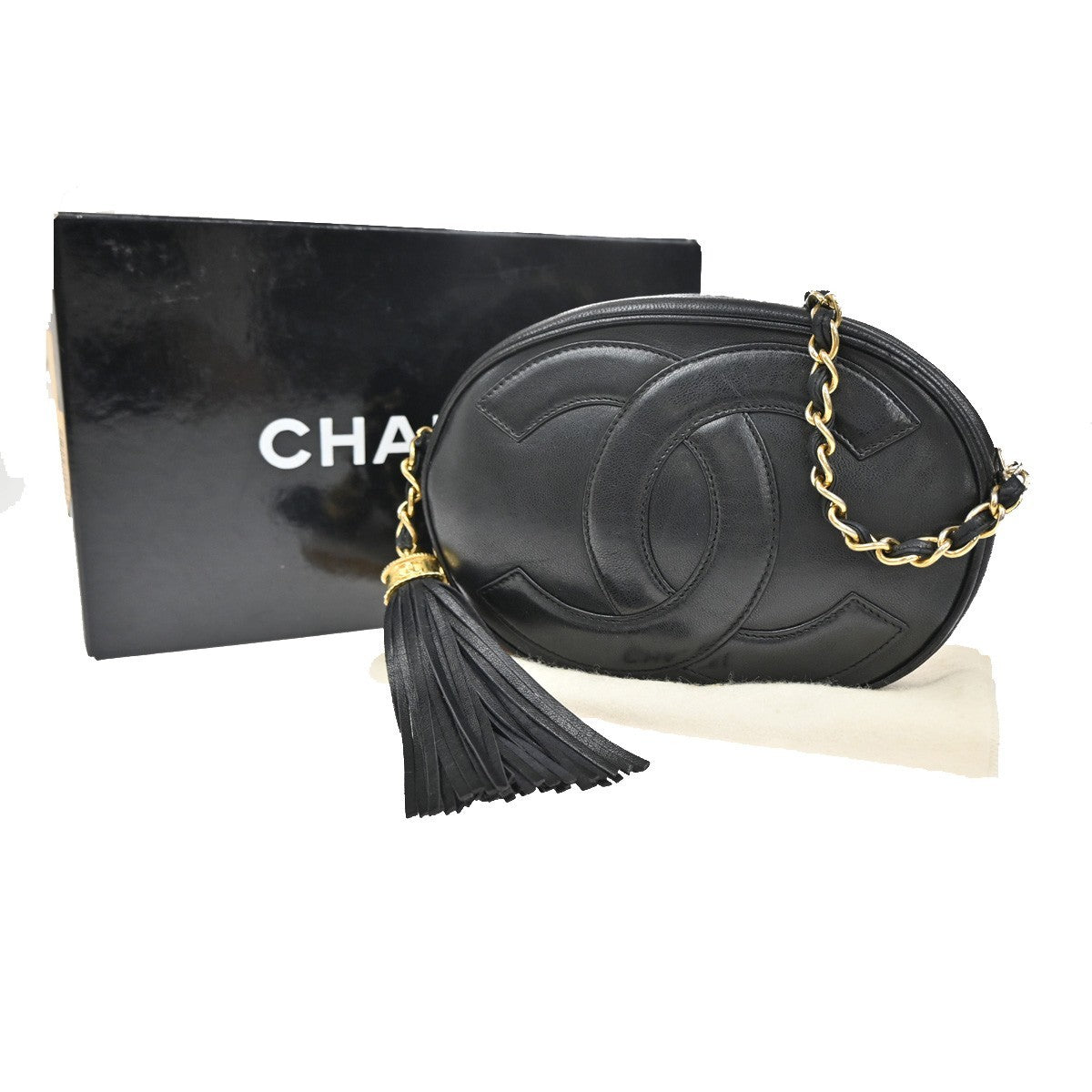 CHANEL CC Logo Tassel Oval Chain Shoulder Bag Leather Black GHW Vintage 395RL384