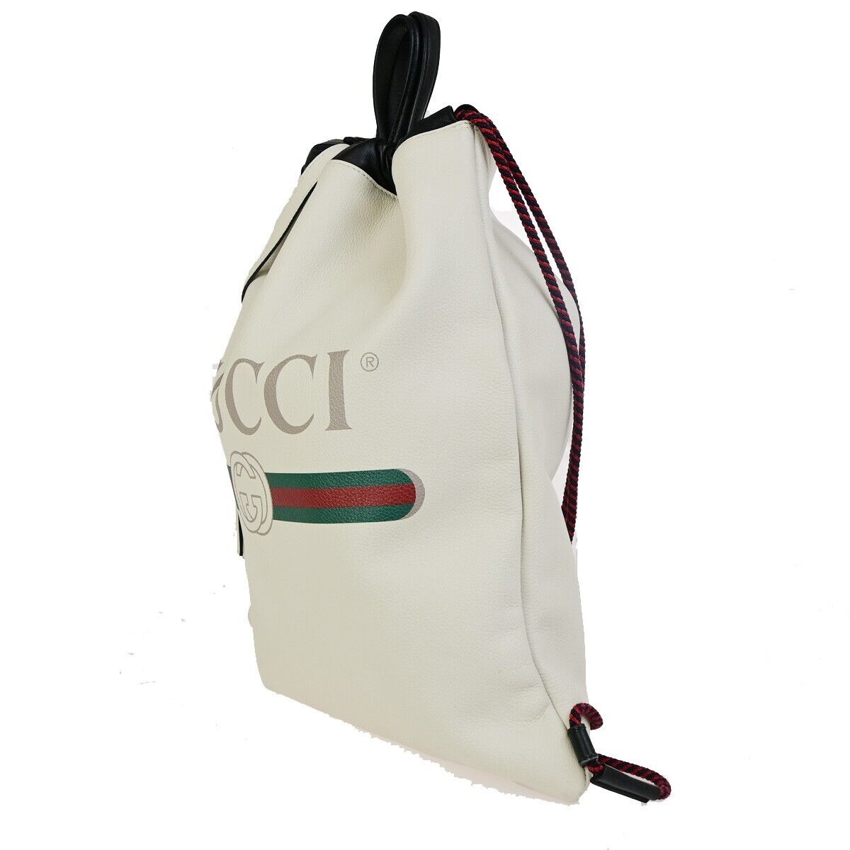 GUCCI GG Logo Print Drawstring Backpack Bag Leather White Italy 84FB214