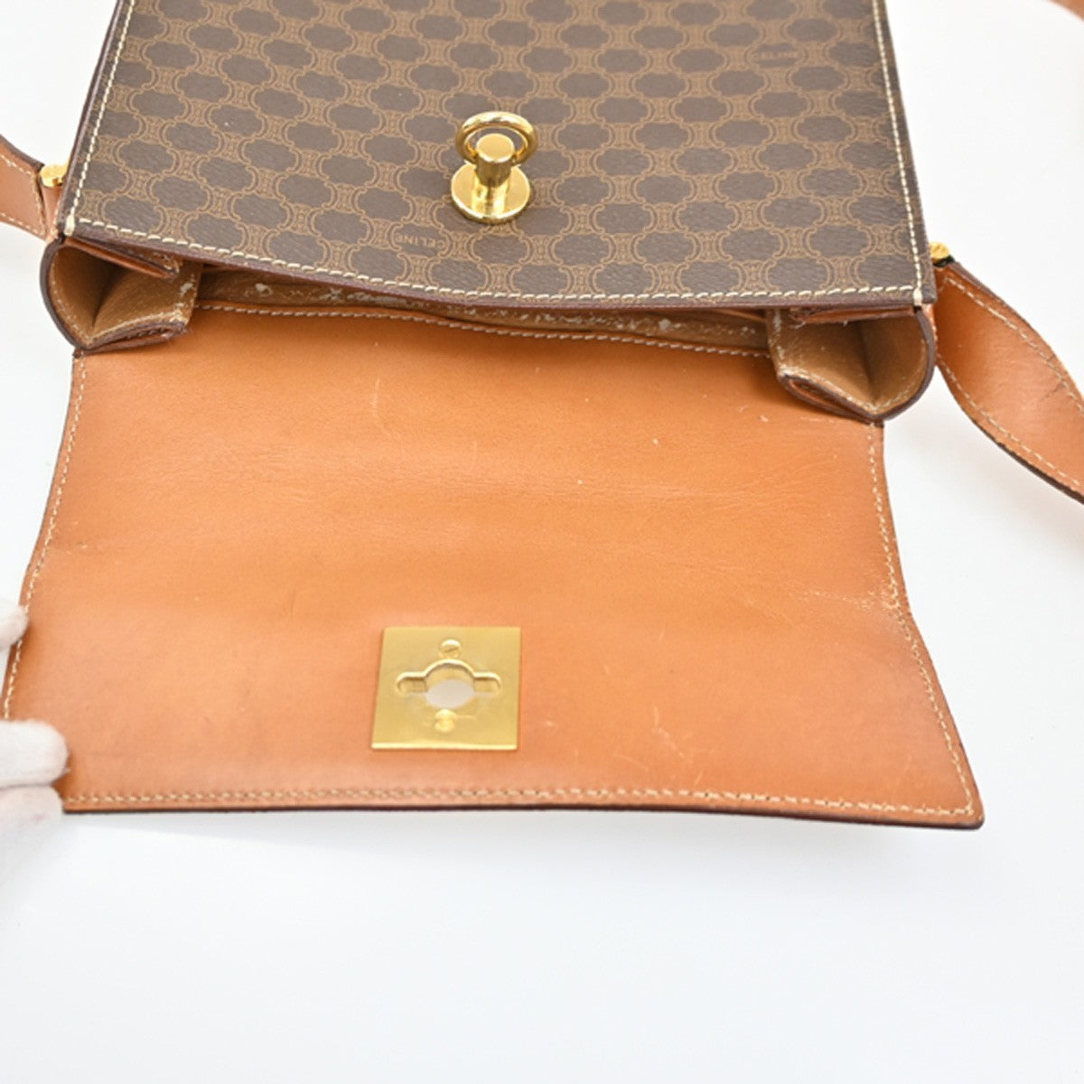 CELINE Macadam pattern Shoulder Bag PVC Leather Brown GHW 38TA402