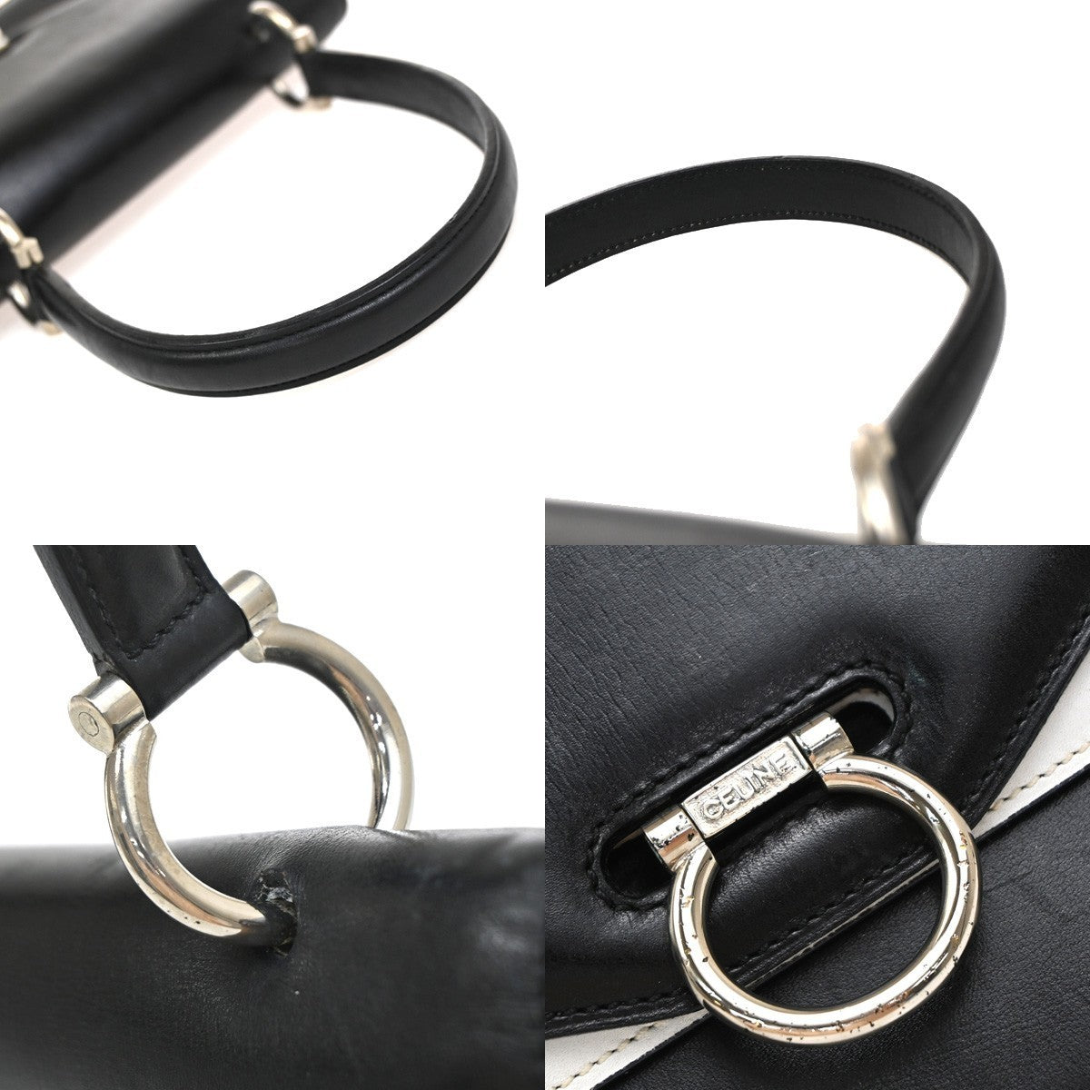 CELINE Logo Bicolor Double Flap Hand Bag Leather Black White Italy 80EG224