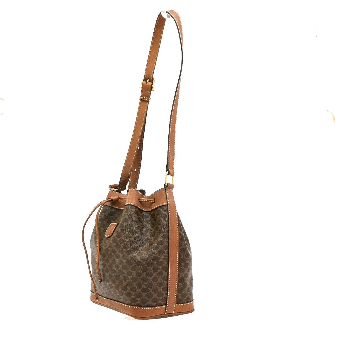 CELINE Macadam Pattern Drawstring Shoulder Bag PVC Leather Brown GHW 66CA994