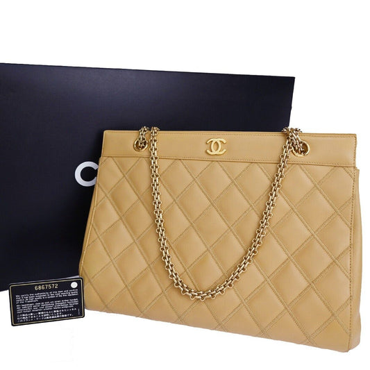 CHANEL CC Logo Matelasse Chain Shoulder Tote Bag Leather Beige GHW 305RJ393