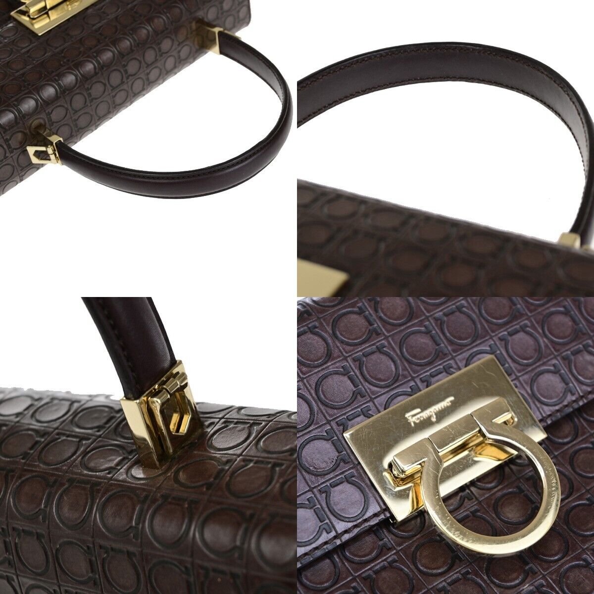 SALVATORE FERRAGAMO Logo Gancini Hand Bag Embossing Leather Brown GHW 31EB621