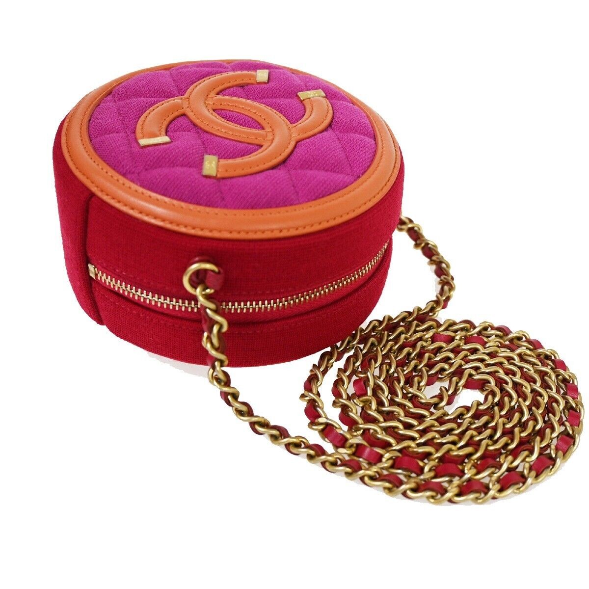 CHANEL CC Round Mini Chain Shoulder Bag Canvas Leather Red Magenta 377RH640